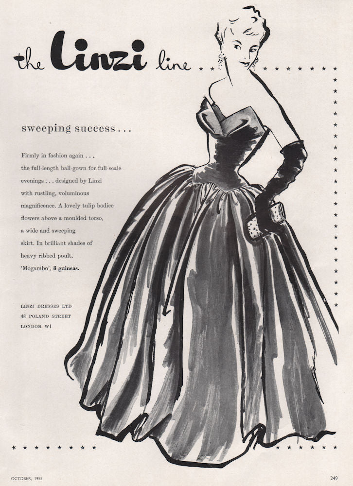 The Linzi line; Sweeping success. Poland Street, London W1. Fashion advert 1955